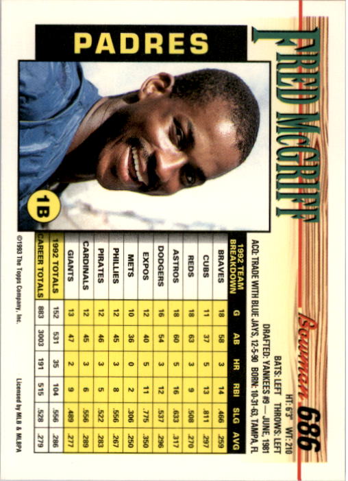 1993 Bowman #686 Fred McGriff back image