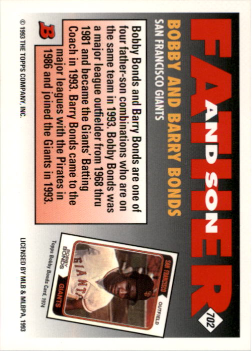 1993 Bowman #702 Barry Bonds FOIL/Bobby Bonds back image