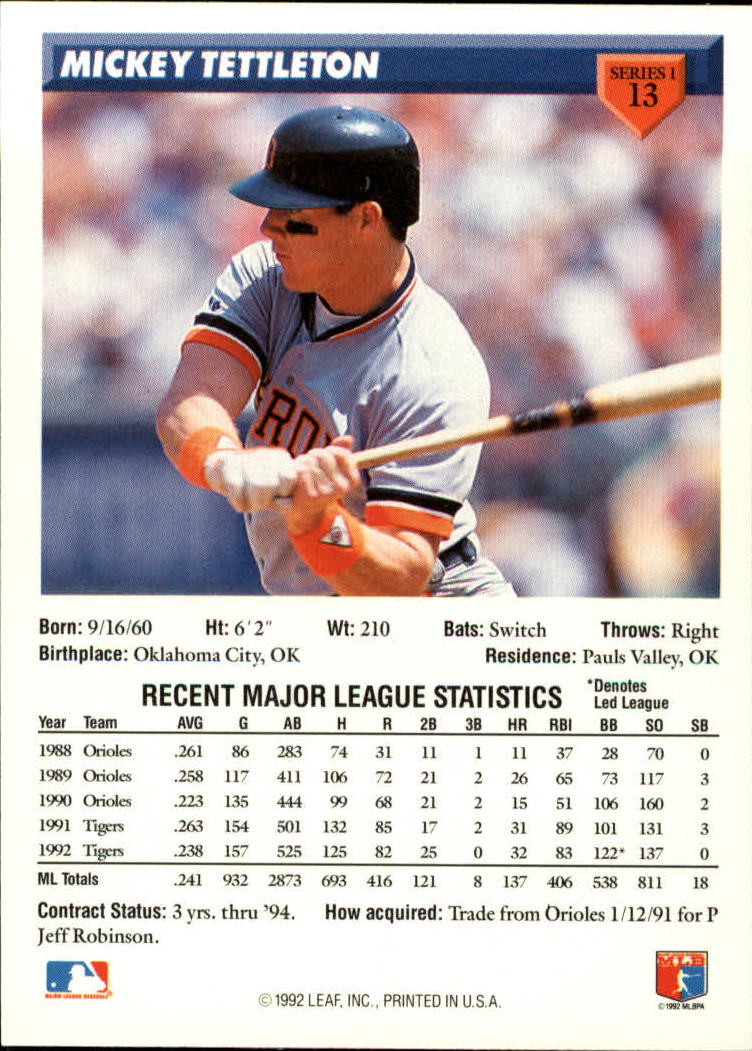 1993 Donruss #13 Mickey Tettleton back image