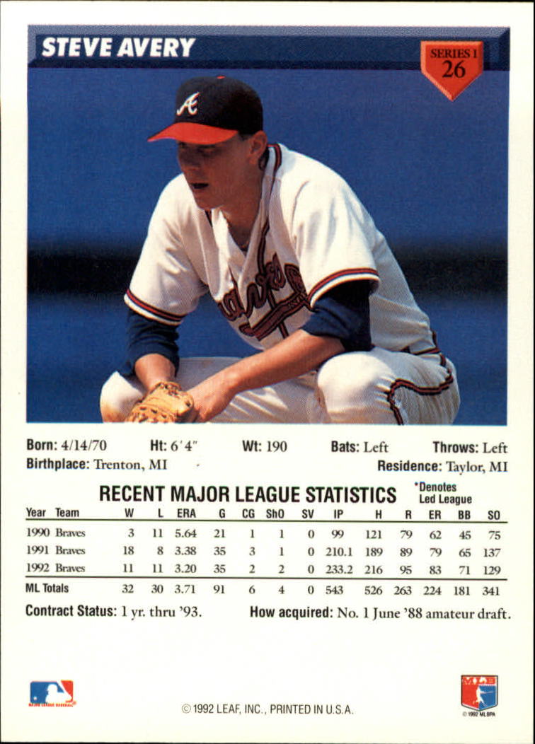 1990 DONRUSS #39 STEVE AVERY ATLANTA BRAVES RATED ROOKIE CARD