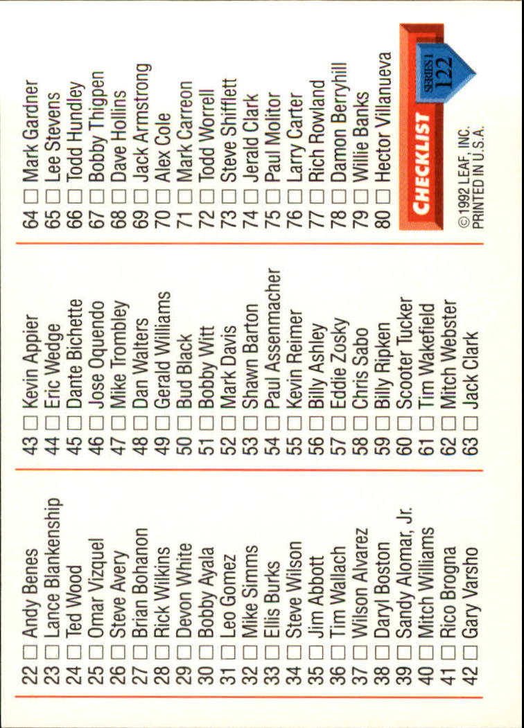 1993 Donruss #122 Checklist 1-80/Gary Carter and/Kirt Manwaring back image