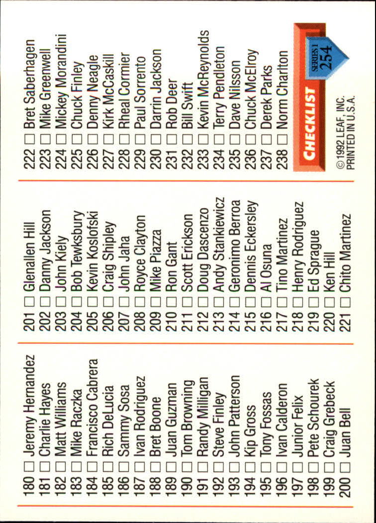 1993 Donruss #254 Checklist 160-238/Sammy Sosa/Damon Berryhill back image