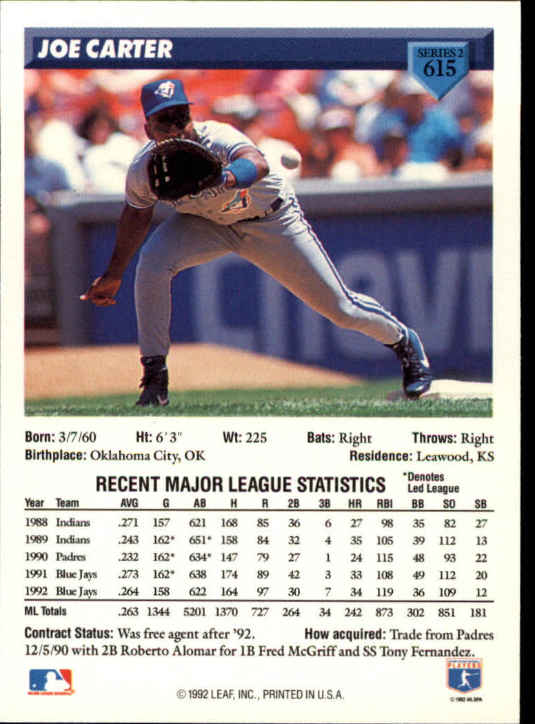 1993 Donruss #615 Joe Carter back image