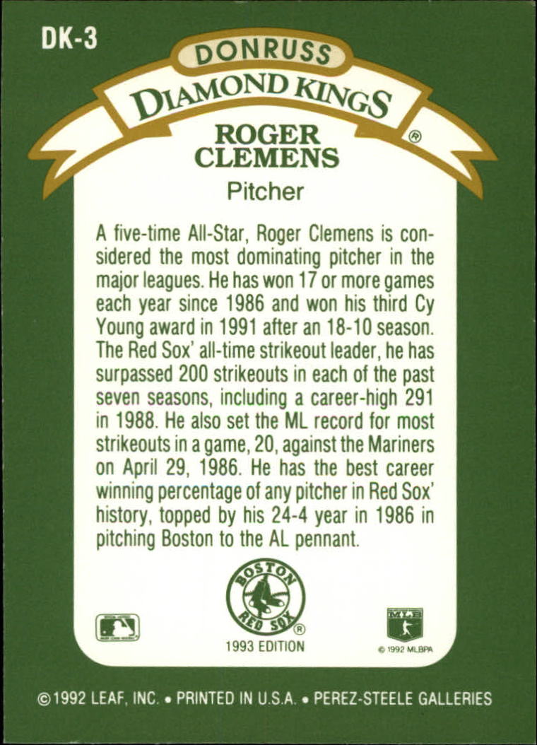 1993 Donruss Diamond Kings Roger Clemens Baseball Trading Card TPTV
