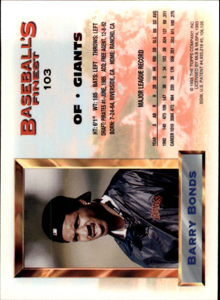 1993 Finest #103 Barry Bonds AS back image