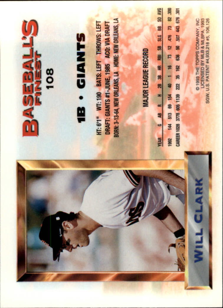 1993 Finest #108 Will Clark AS back image