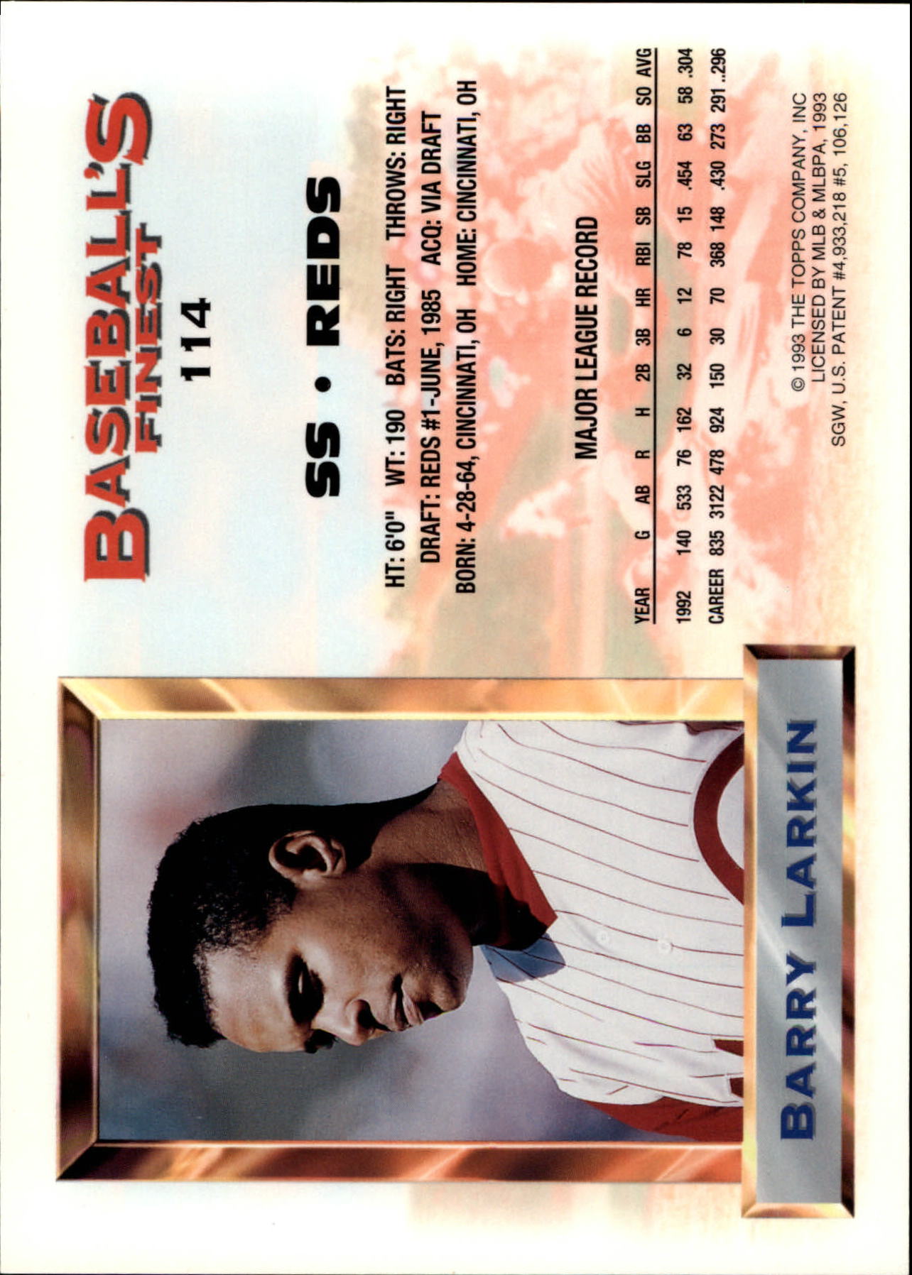 1993 Finest Jumbos #114 Barry Larkin back image