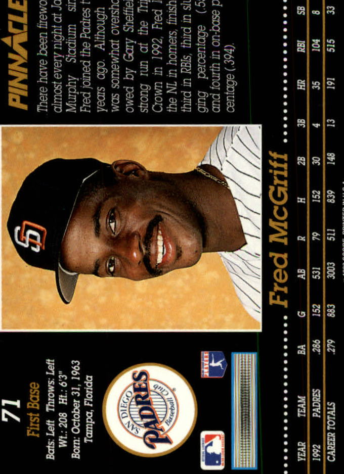 1993 Pinnacle #71 Fred McGriff back image