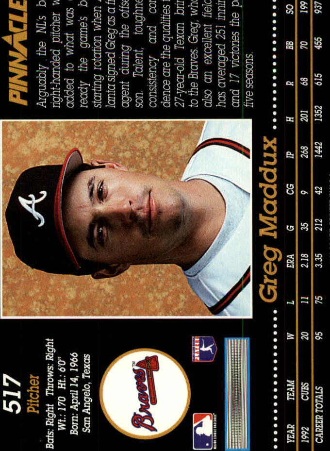 1993 Pinnacle #517 Greg Maddux back image
