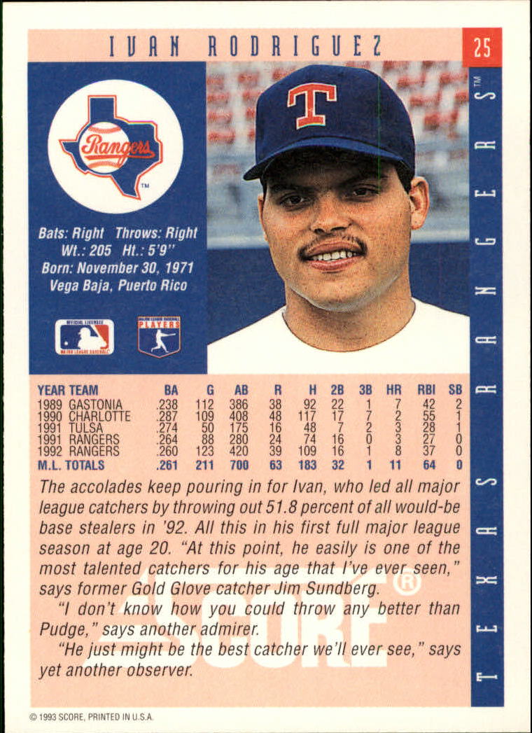 1993 Score #25 Ivan Rodriguez back image
