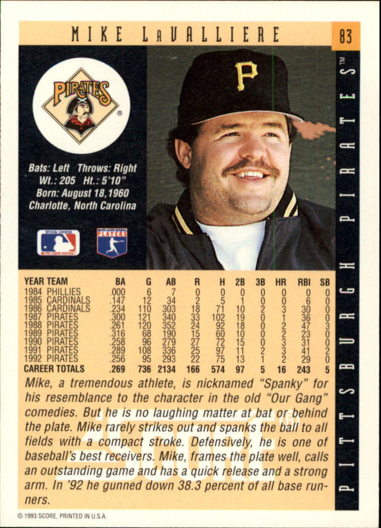 1993 Score #83 Mike LaValliere back image
