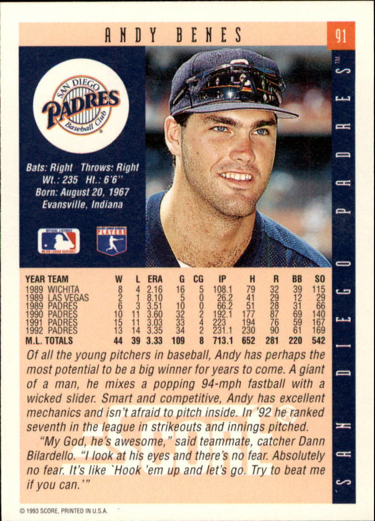 1993 Score #91 Andy Benes back image