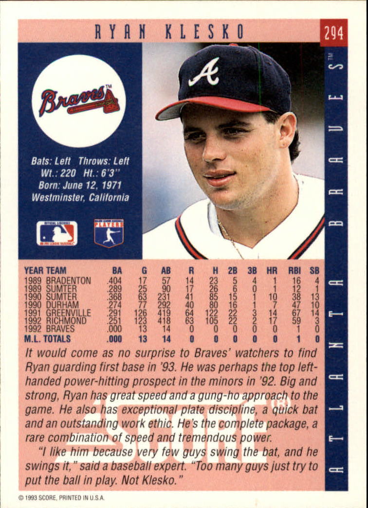 1993 Score #294 Ryan Klesko back image