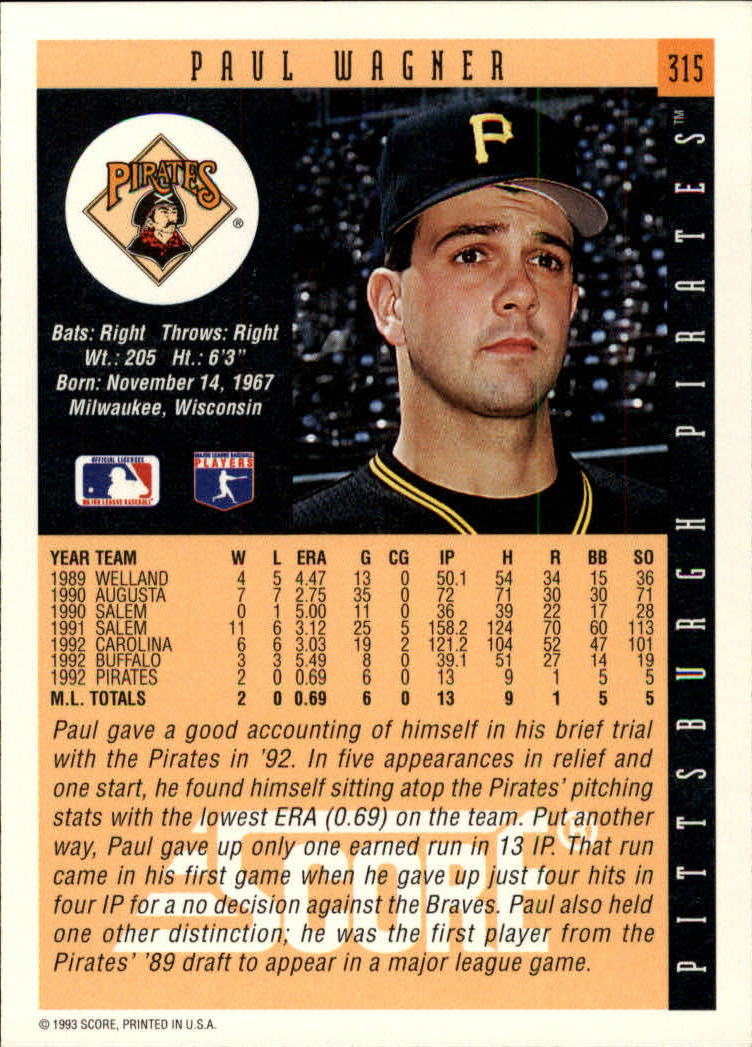 1993 Score #315 Paul Wagner back image