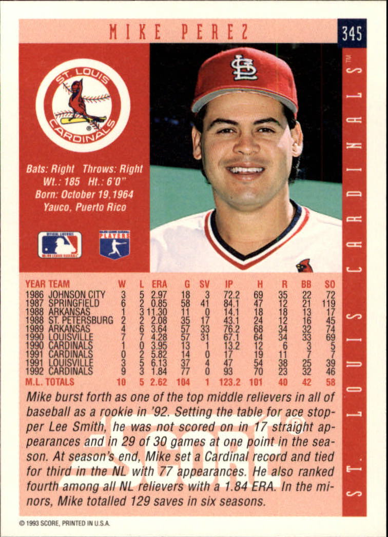 1993 Score #345 Mike Perez back image