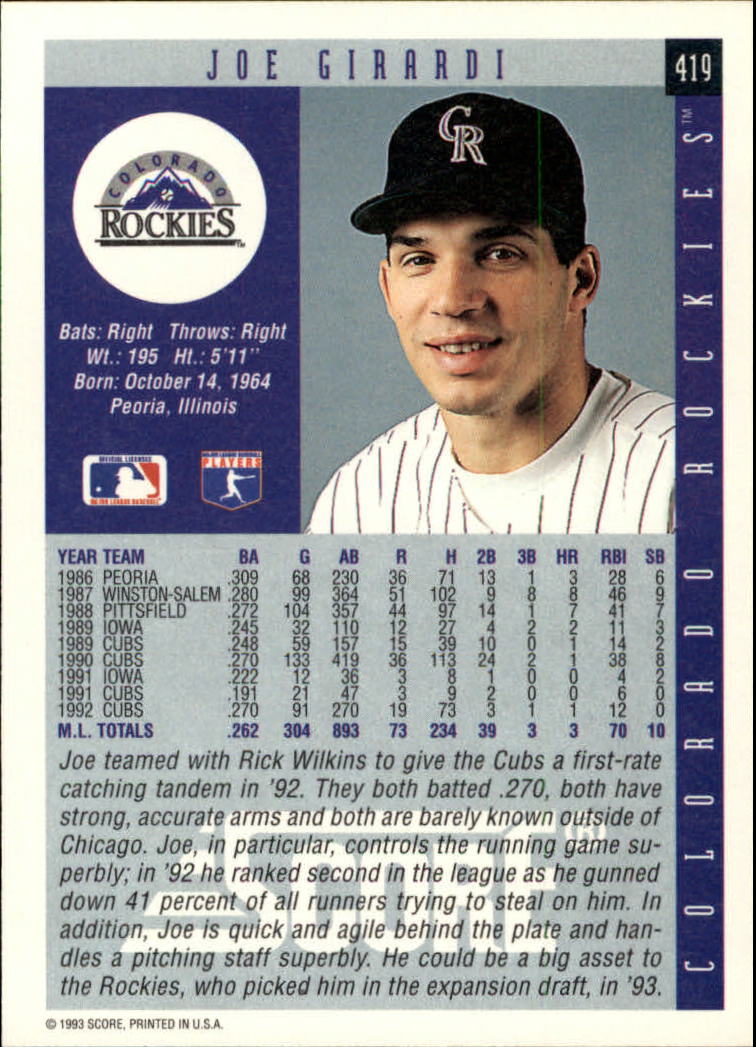 1993 Score #419 Joe Girardi back image