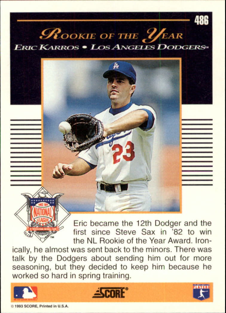 1993 Score #486 Eric Karros AW back image