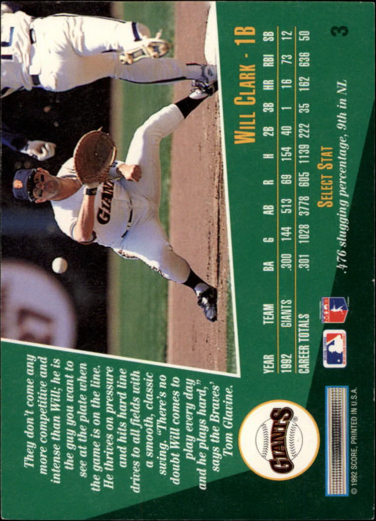 1993 Select #3 Will Clark back image