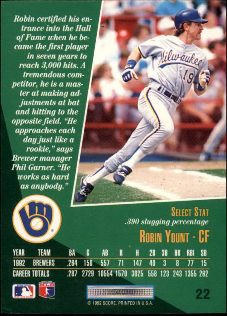 1993 Select #22 Robin Yount back image