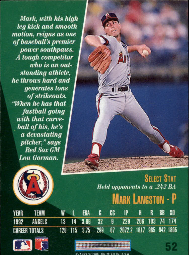 1993 Select #52 Mark Langston back image