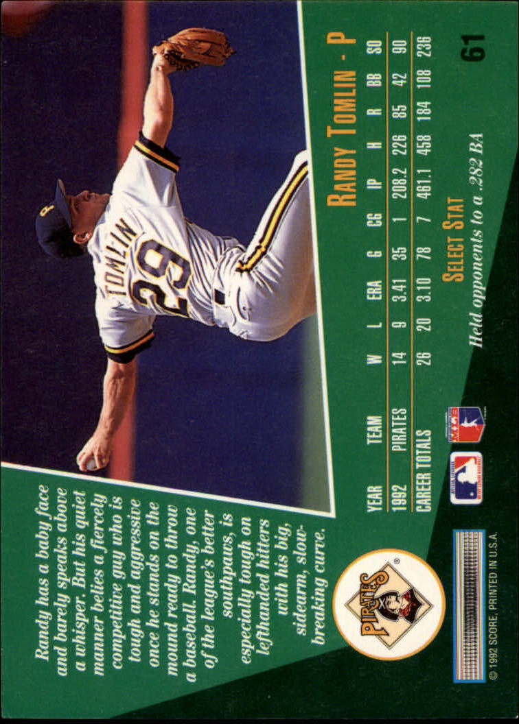 1993 Select #61 Randy Tomlin back image