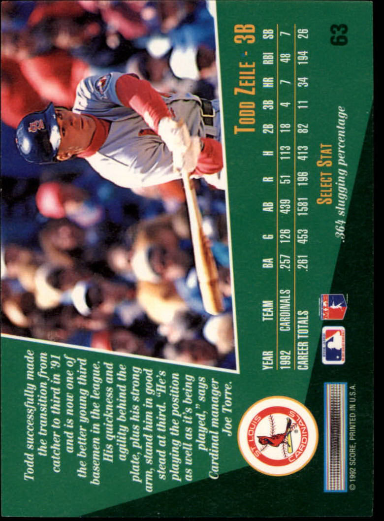 1993 Select #63 Todd Zeile back image
