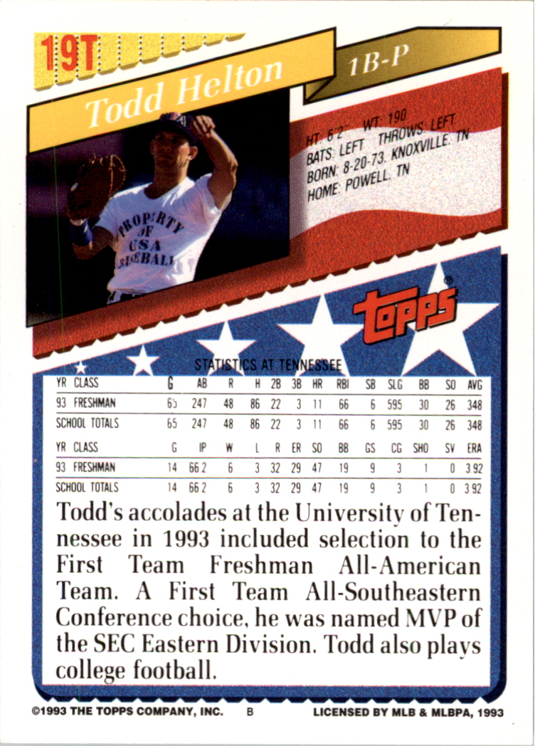 1993 Topps Traded #19T Todd Helton USA RC back image