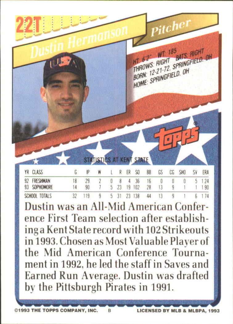 1993 Topps Traded #22T Dustin Hermanson USA RC back image