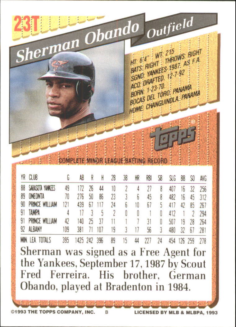 1993 Topps Traded #23T Sherman Obando RC back image