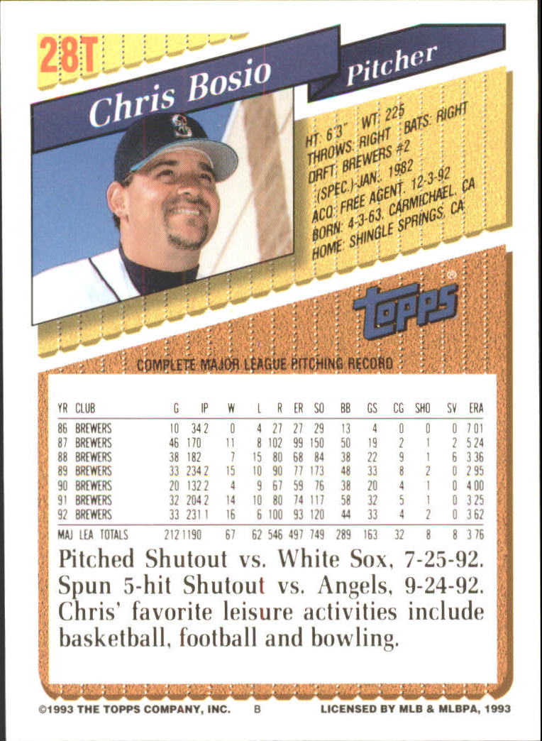 1993 Topps Traded #28T Chris Bosio back image