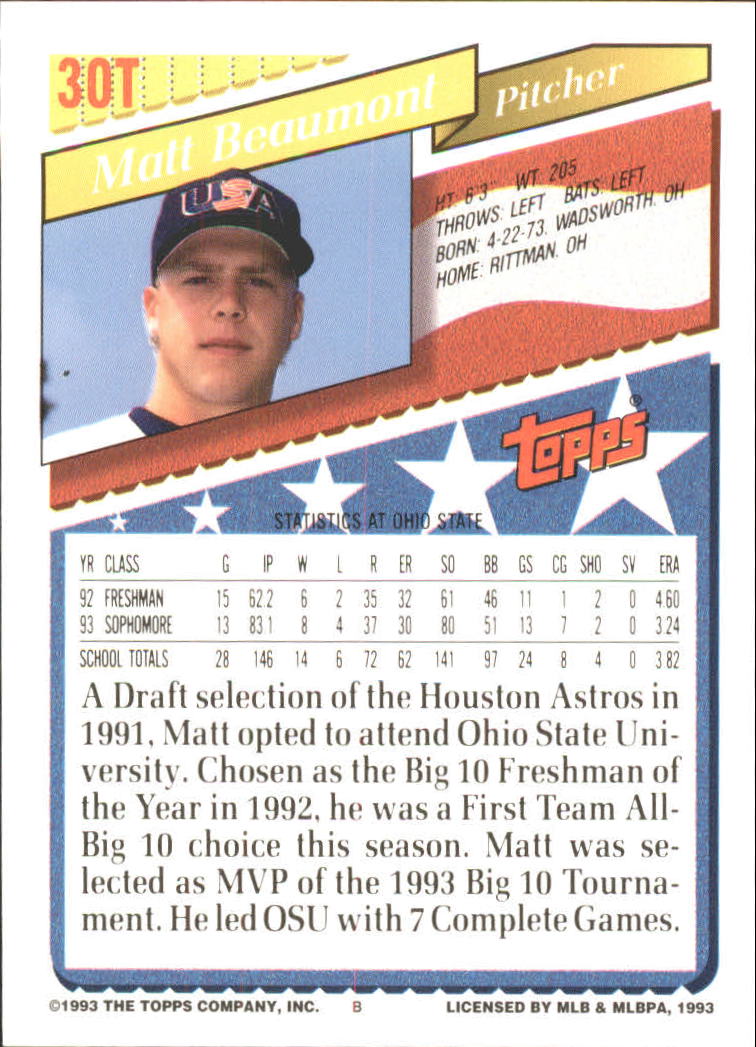 1993 Topps Traded #30T Matt Beaumont USA RC back image