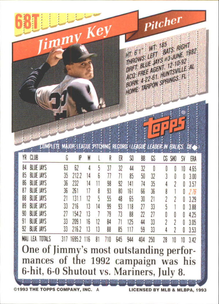 1993 Topps Traded #68T Jimmy Key back image