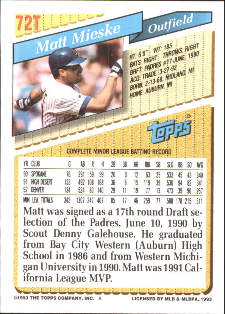 1993 Topps Traded #72T Matt Mieske back image