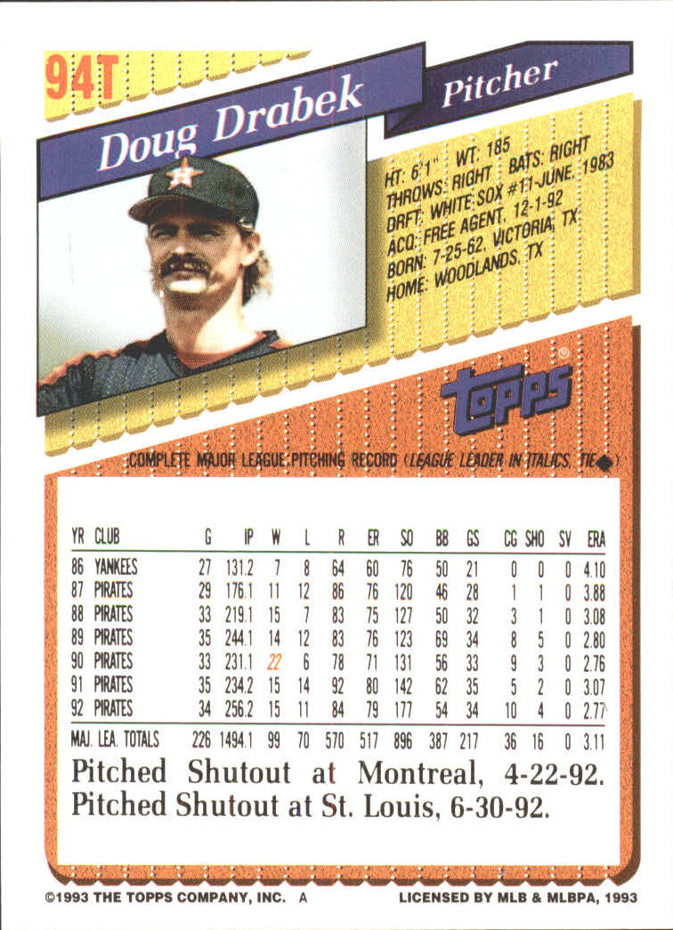 1993 Topps Traded #94T Doug Drabek back image
