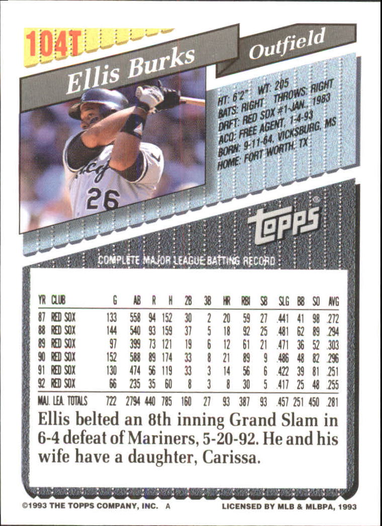 1993 Topps Traded #104T Ellis Burks back image