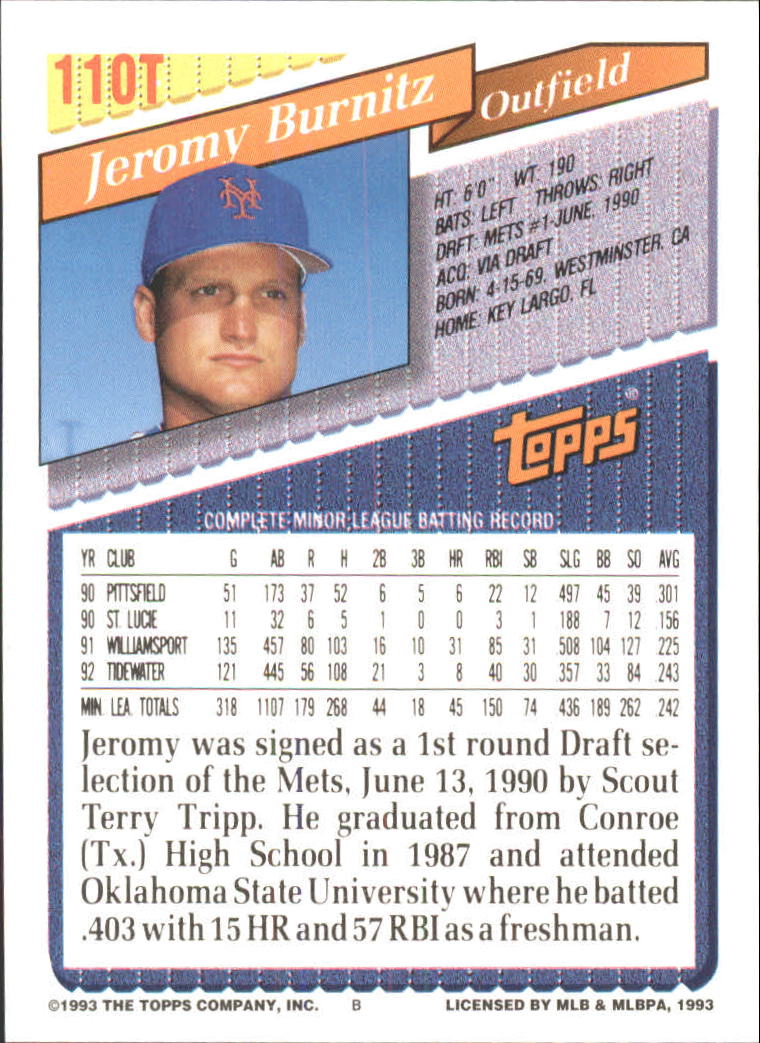 1993 Topps Traded #110T Jeromy Burnitz back image