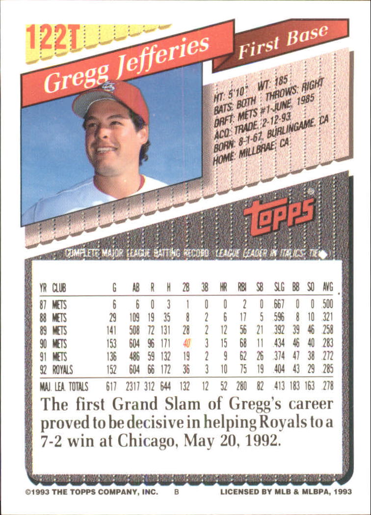 1993 Topps Traded #122T Gregg Jefferies back image