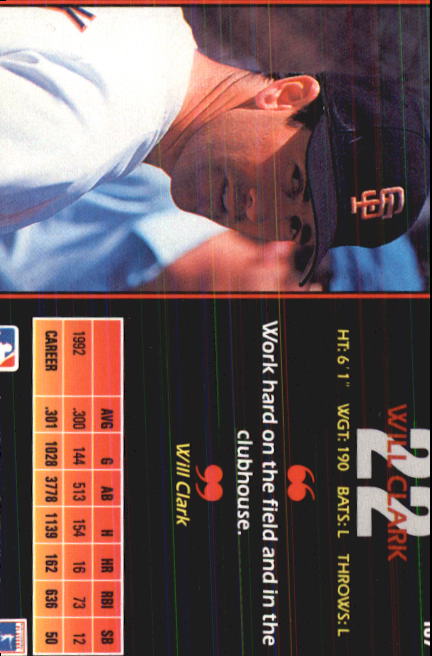 1993 Triple Play #107 Will Clark back image