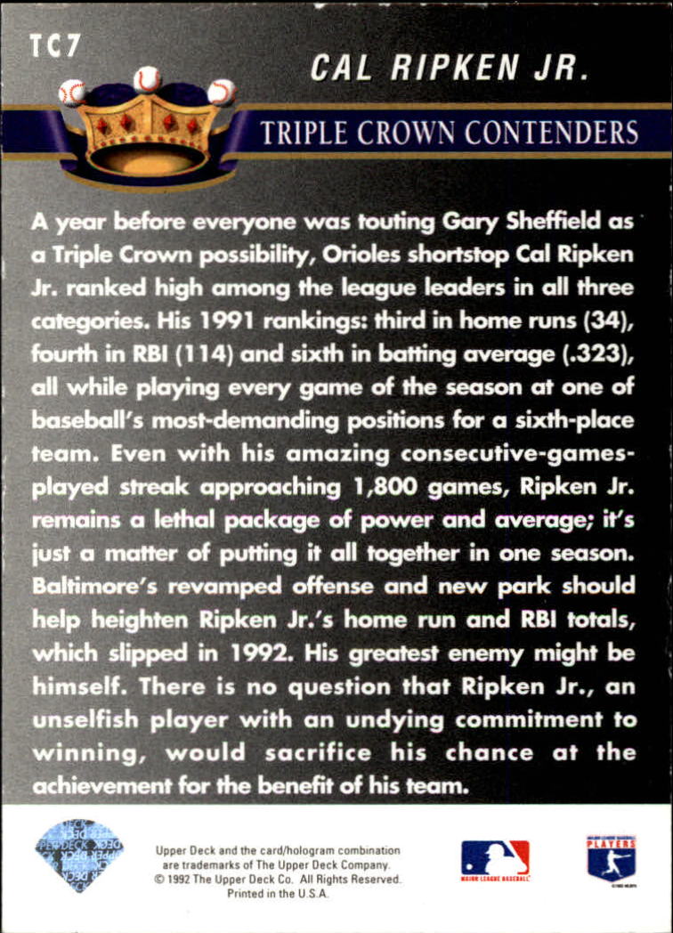 1993 Upper Deck Triple Crown #TC7 Cal Ripken Jr. back image