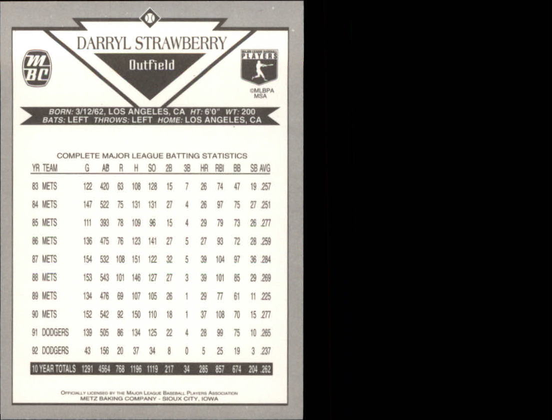 1993 Metz Baking #19 Darryl Strawberry back image