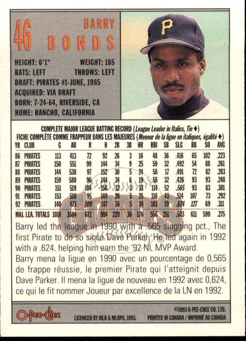 1993 O-Pee-Chee #46 Barry Bonds/Now with Giants/12/8/92 back image