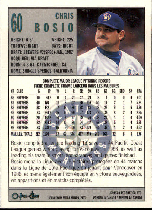 1993 O-Pee-Chee #60 Chris Bosio/Now with Mariners/12/3/92 back image