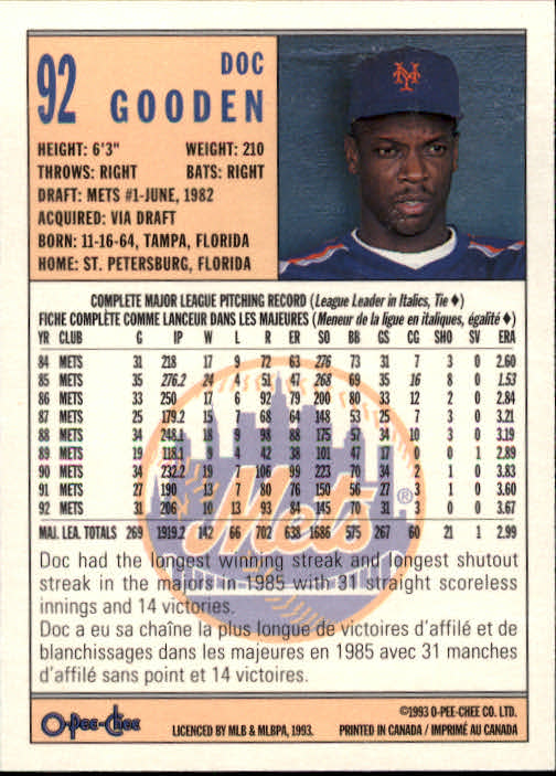 1993 O-Pee-Chee #92 Dwight Gooden back image