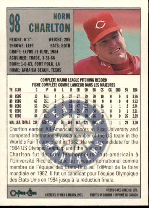 1993 O-Pee-Chee #98 Norm Charlton/Now with Mariners/11/17/92 back image