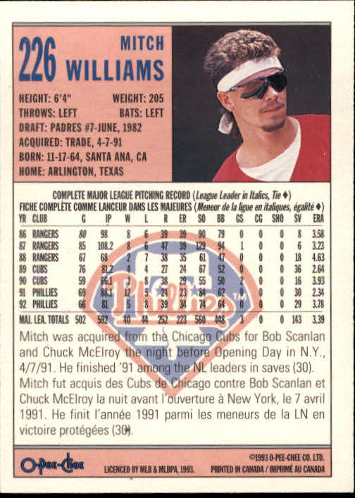 1993 O-Pee-Chee #226 Mitch Williams back image