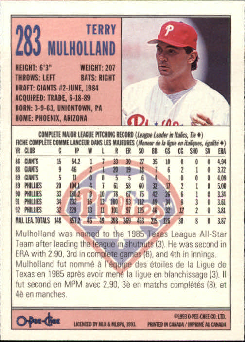 1993 O-Pee-Chee #283 Terry Mulholland back image