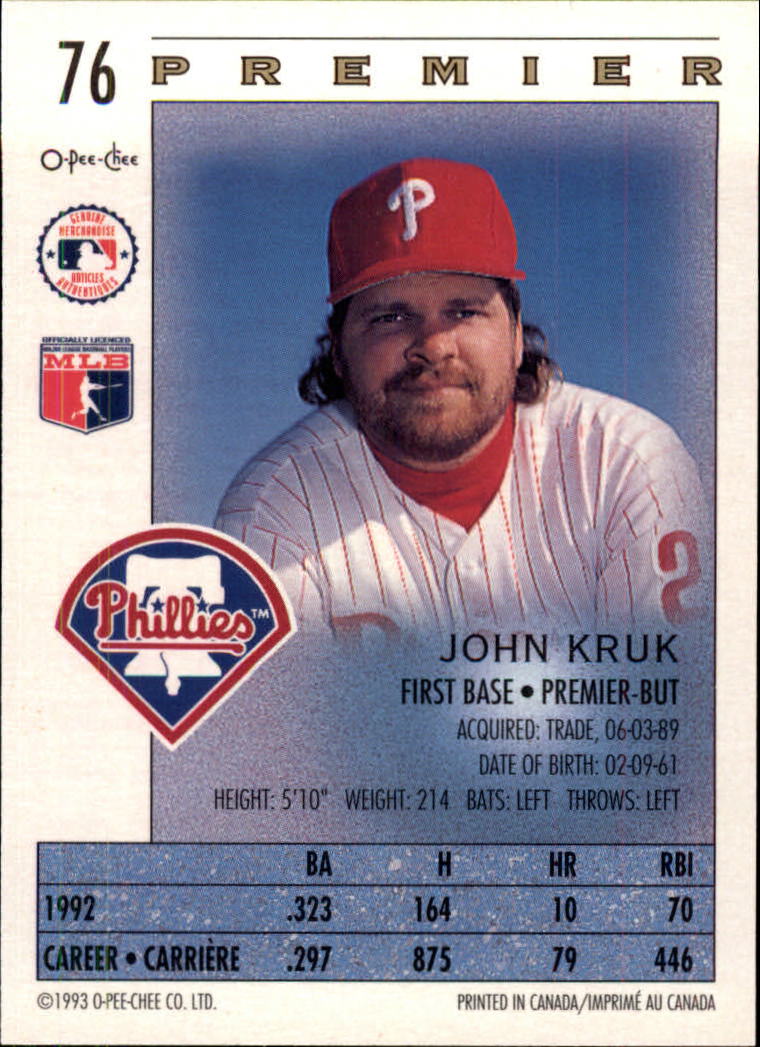 John Kruk #76 Prices, 1993 O Pee Chee Premier