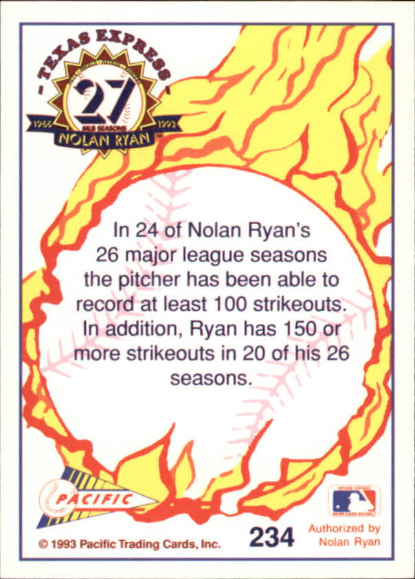 1993 Pacific Ryan 27th Season #234 Nolan Ryan/24 of 26 Seasons - NM-MT