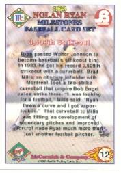 1993 Pacific Ryan Farewell McCormick #12 Nolan Ryan/Breaks Walter Johnson's Record back image