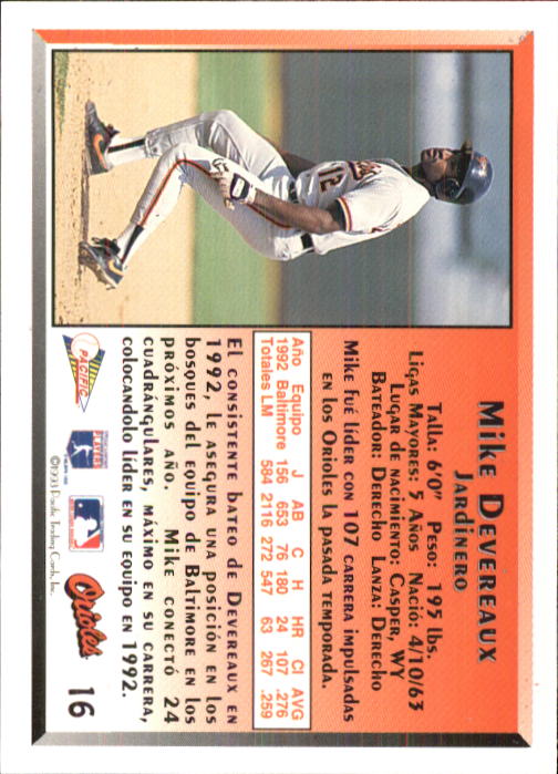1993 Pacific Spanish #16 Mike Devereaux back image